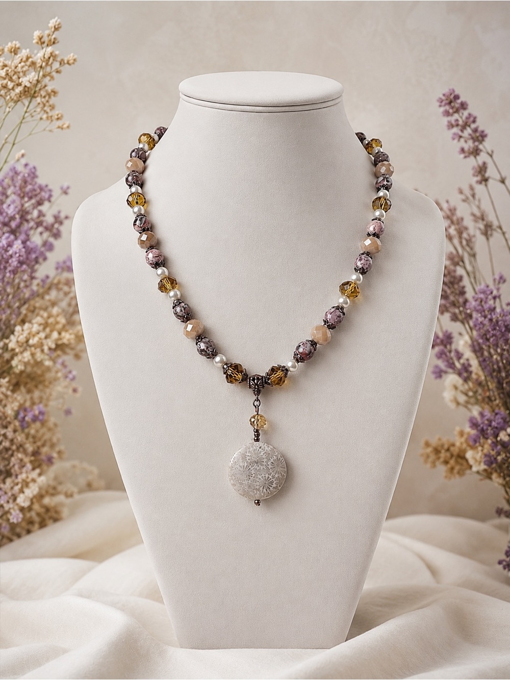 Fossil Coral, Leopard Jasper & Glass Pearl Statement Necklace Boho OOAK 19”